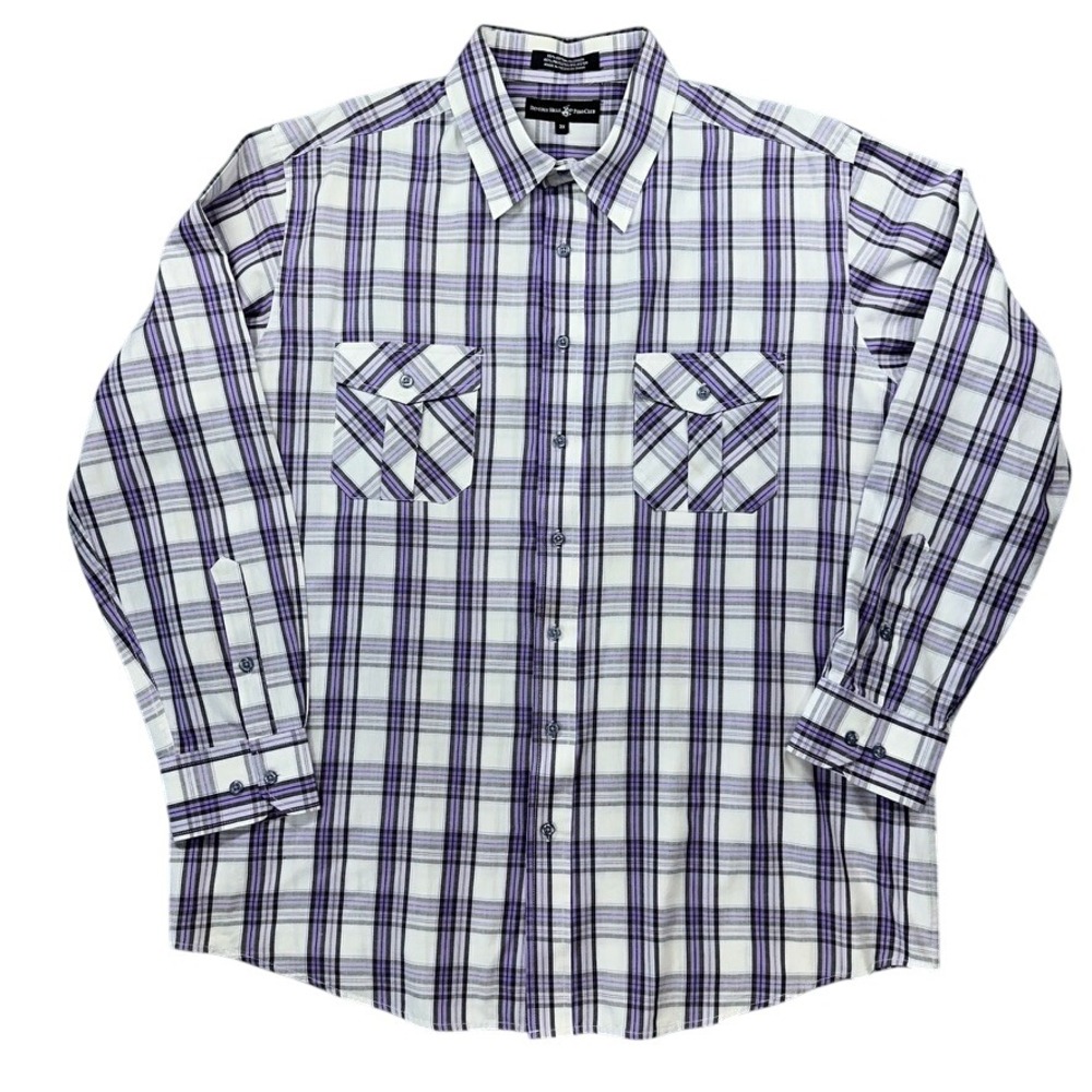 Beverly Hills Polo Club Button Up Shirt Mens 2X Purple Plaid Roll Tab Sleeve